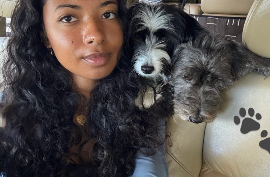 Photo of Justyce, the founder of Two Pups in a Cup, with her two dogs Gek and Nomi